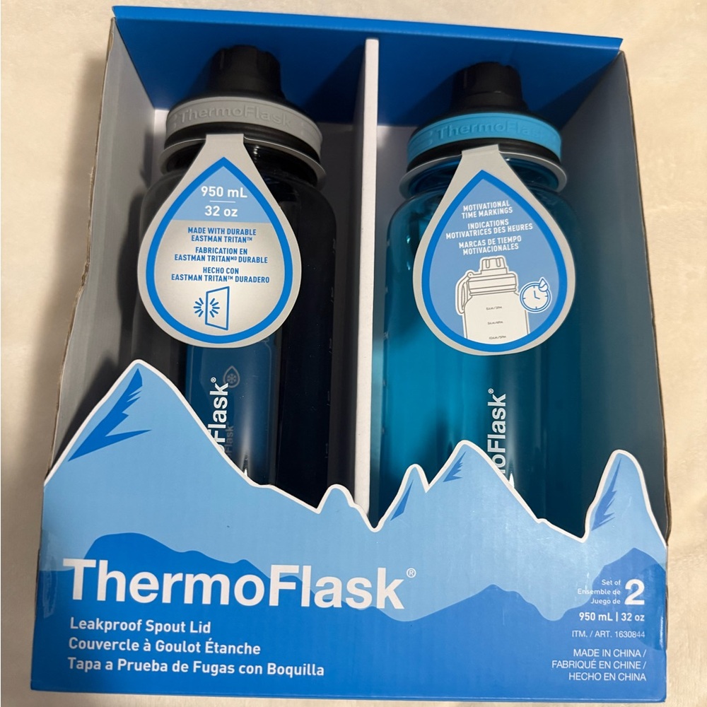 ThermoFlask 32 oz Motivational Time Markings Set - Black and Blue